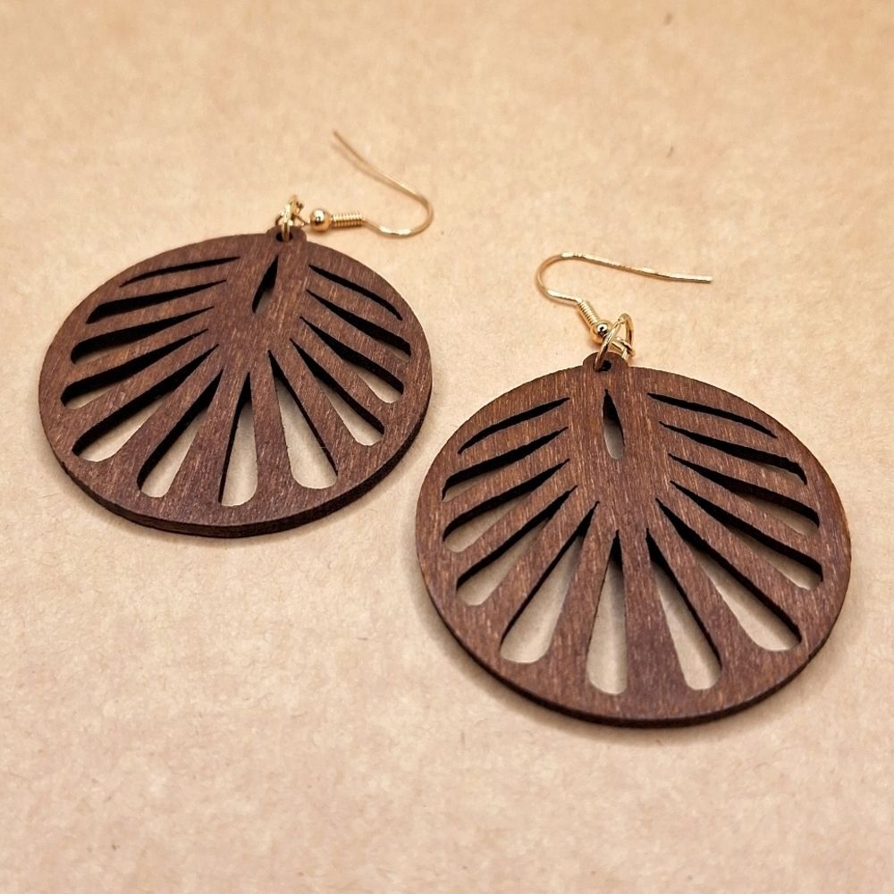 Brown wood round earrings hollowed fan pattern boho jewelry statement
